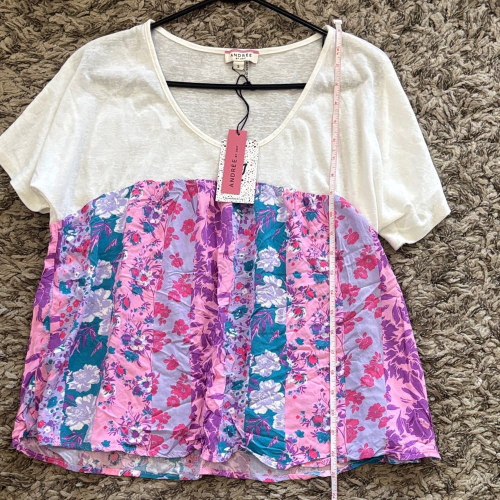 Andree White Scoop Neck Short Sleeve Top with Purple and Teal Floral Panel - Picture 2 of 8